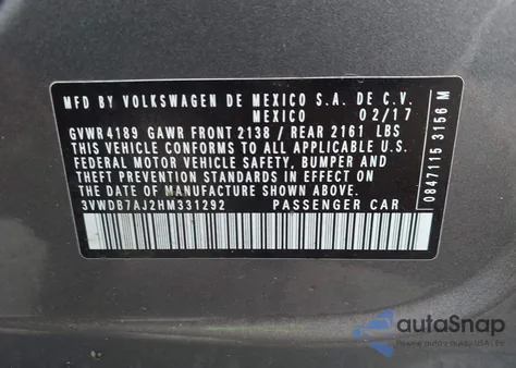 2017 Volkswagen Jetta 1.4T Se from USA, damaged, VIN 3VWDB7AJ2HM331292